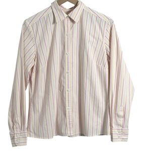 LL Bean Button Down Shirt Womens Medium Striped Pink Yellow Orange Coastal